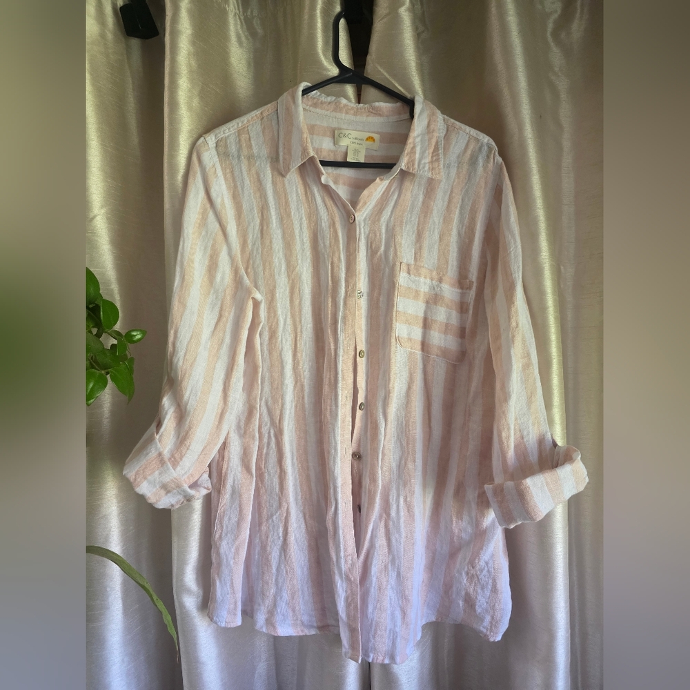 C&C California Pink and White Striped Linen Top